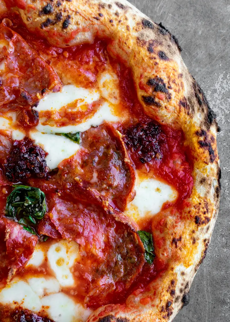 Pizza topped with mozzarella, salami and sauce